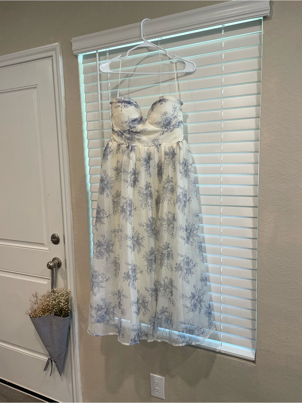 Mable Cream Strapless Dress with Blue Floral Print